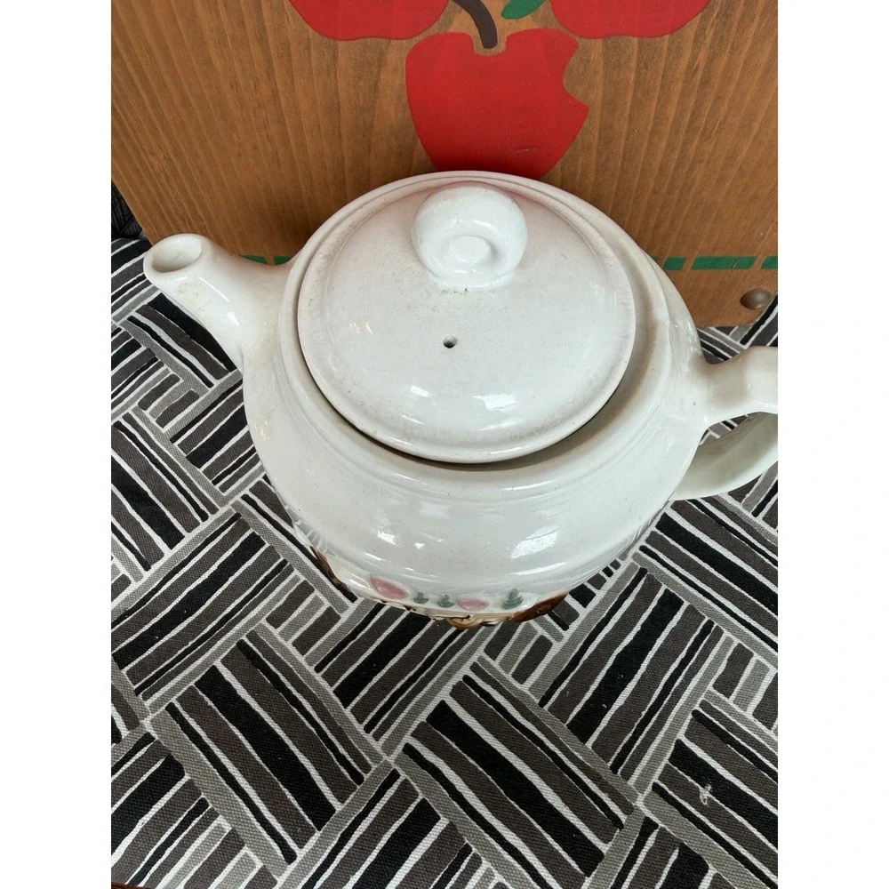 Vintage Ceramic Fireplace Relief Teapot Cream Cottagecore Hearth Scene 6.5in